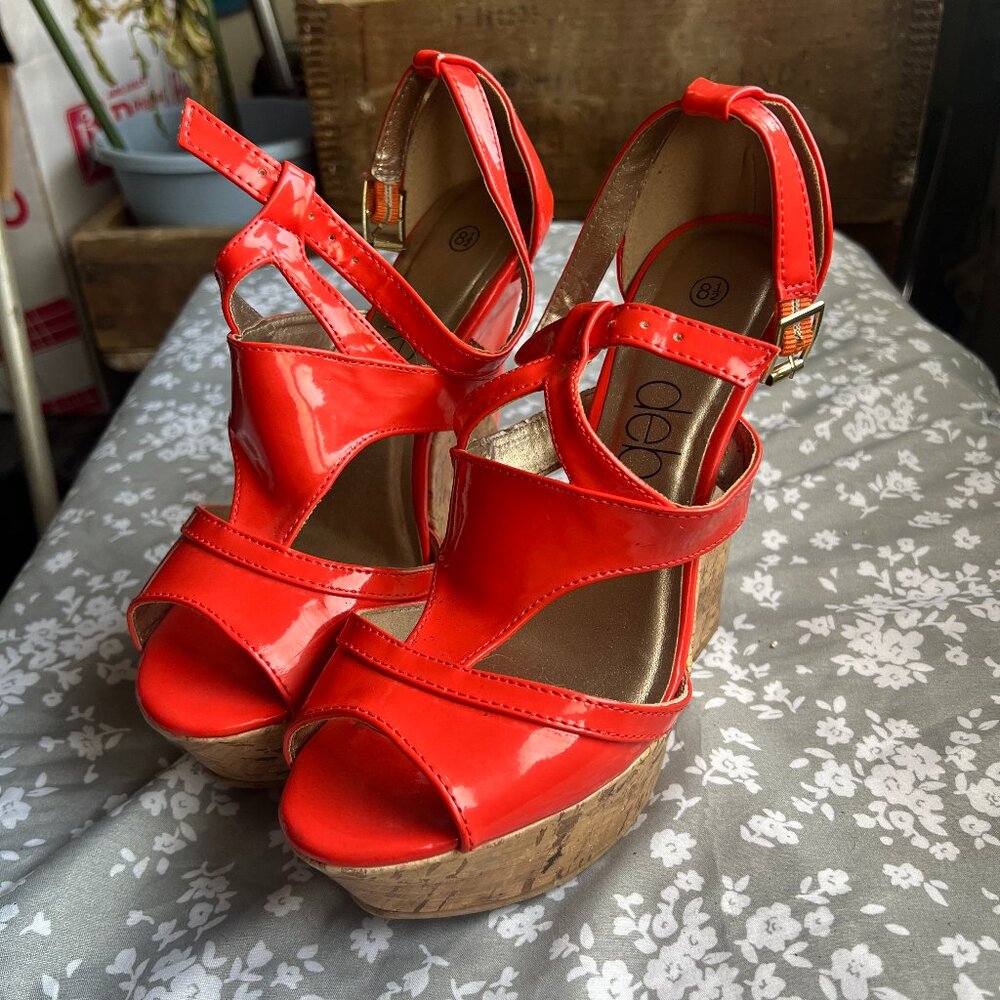 Red Open-Toe Platform Wedge Sandals - Women's Size 8.5, Heels, Sandals